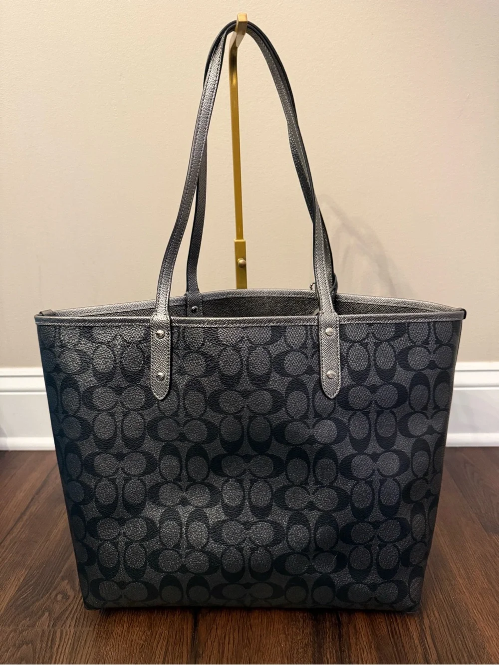 Coach Black Signature Canvas Tote with Metallic Black Pouch - Picture 9 of 10